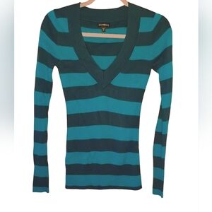 Express Forrest Green And Dark Green Striped Deep V SweaterSize SP